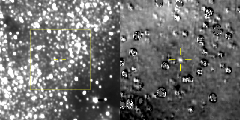 Left: a composite image produced from 48 different exposures taken by New Horizons. The yellow crosshair shows the predicted location of Ultima Thule, which is too dim to see. Right: A magnified view of the region, where background noise has been reduced, revealing Kuiper Belt object Ultima Thule.